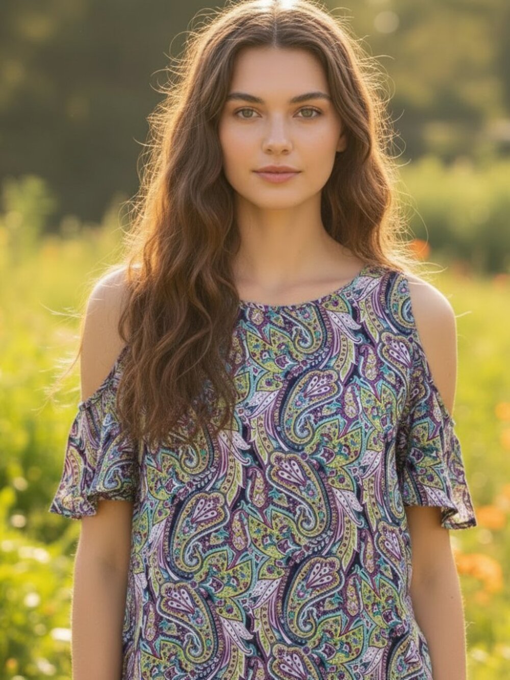 Hinge S Women's Top Paisley Silk Cold Shoulder SS Blue Purple Boho Chic Casual